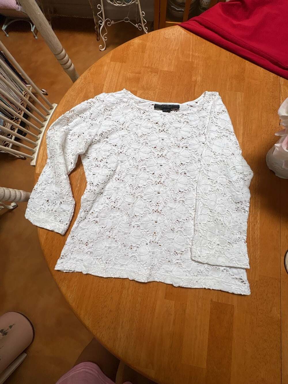 Vintage Donna Rae New York Women's White Crochet Lace 3/4 Sleeve Top